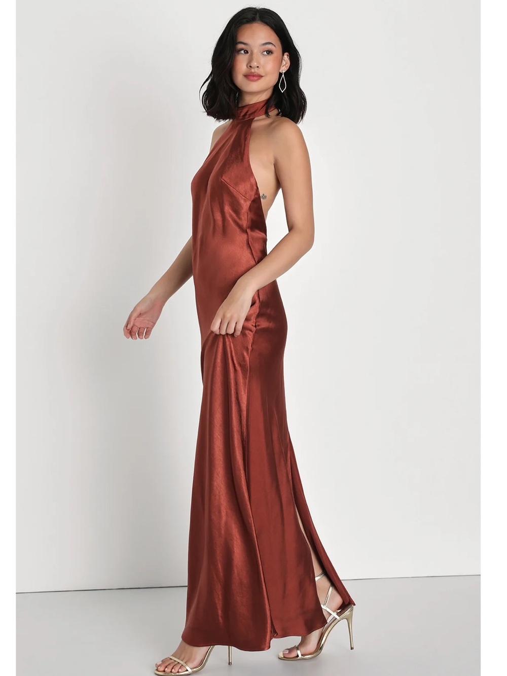 Lulus Love In Your Life Rust Brown Satin Halter Back Slit Backless Maxi Dress